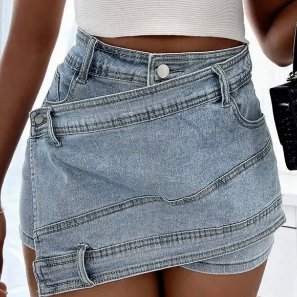 Blue Denim Skort Asymmetric High Rise Skirt Shorts combo 5 Pockets School Casual - Picture 7 of 13